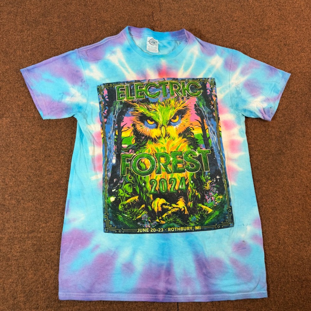 A+ Electric Forest 2024 Festival T-Shirt Tie Dye Owl Lineup Blue Pink Small Y2K